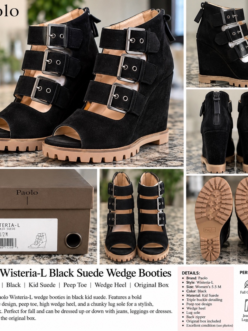 Paolo Black Suede Peep-Toe Buckle Wedge Booties
